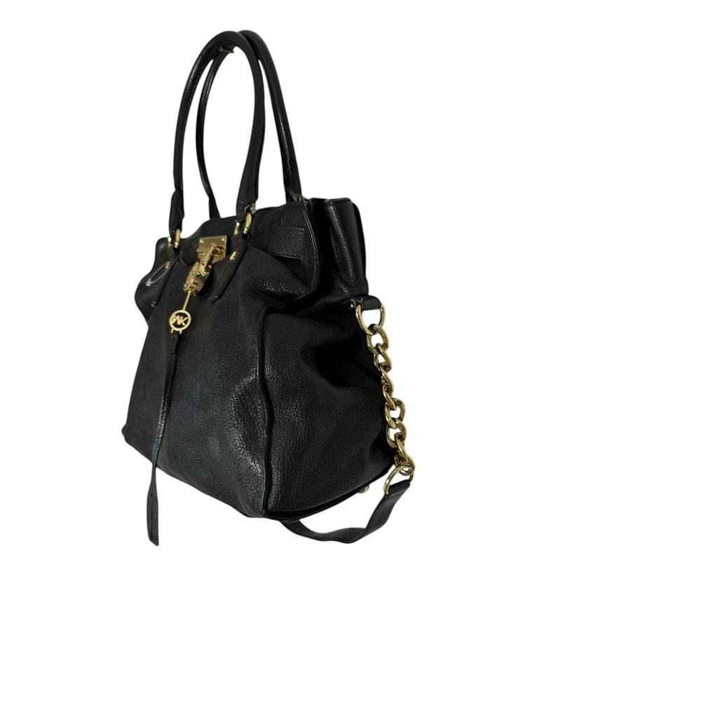 Michael Kors Satchel Bag Womens Black Leather Gold Chain Shoulder Purse Large MK